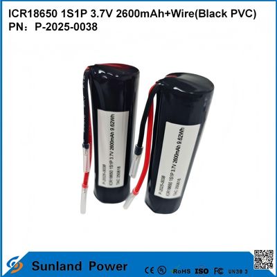 Аккумуляторная батарея ICR18650 1S1P 3.7В 2600 мАч + КАБЕЛЬ (ЧЕРНЫЙ ПВХ)